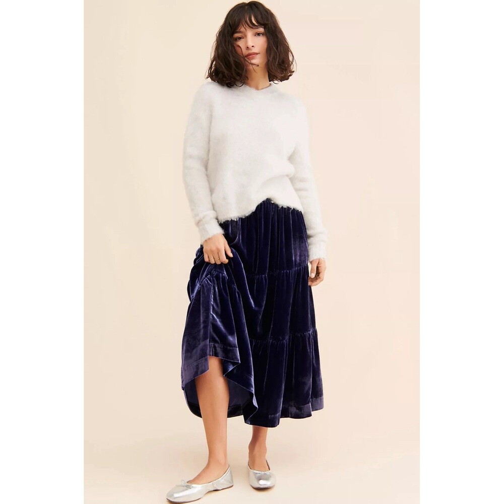 Anthropologie Skirt Womens XS Somerset Maxi Velvet Tiered  Blue Boho Pockets